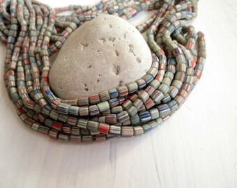 small matte striped seed beads, opaque green glass, ethnic spacer barrel tube, indonesian New Indo-pacific 3 to 6mm / 10 in strd,5Bb7-7
