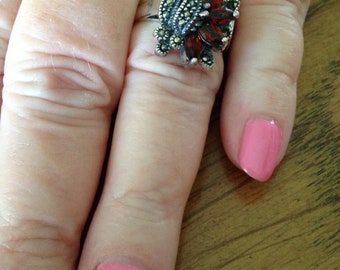 Red Garnet and Marcasite Sterling Silver Ring