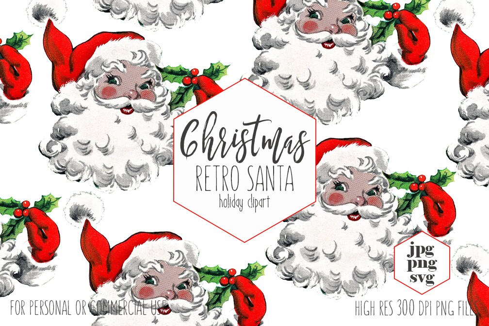 Download RETRO SANTA CLAUS Clipart for Commercial Use Christmas Clip Art Vintage Santa Svg Hat & Holly ...