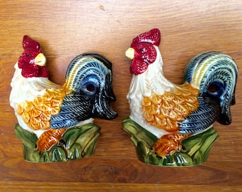 SALE Salt Pepper Shakers Roosters Glazed Painted Vintage