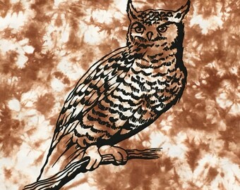 Hand Tie Dyed Brown L T Shirt with Printed Owl Ready To Ship Large Dye Shirt #01013