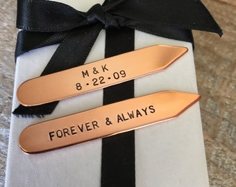 Forever and Always Collar Stays, Personalized Collar Stays, Copper Stiffeners, Bronze Collar Stays, Your Choice Wording, Anniversary Gift