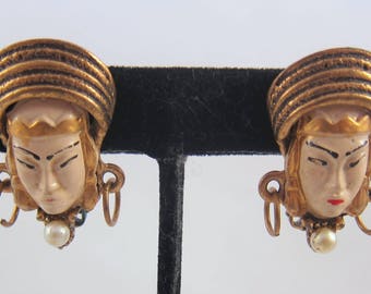 Vintage 1950's Unsigned SELRO/SELINI Clip On Asian Princess or Thai Girl Earrings/Pearls