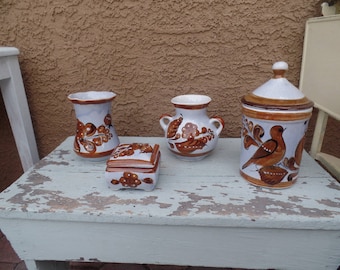 4 piece Vintage Mexican Pottery Collection Vases ~ Canister ~ Trinket Box