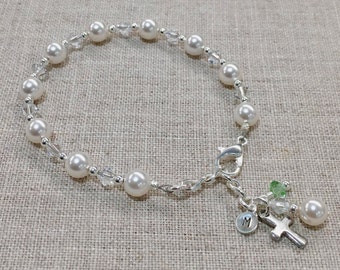 First Communion Gift Girl, Rosary Bracelet, Holy Communion, First Communion Bracelet, Personalized First Communion Gift, Birthstone, Initial