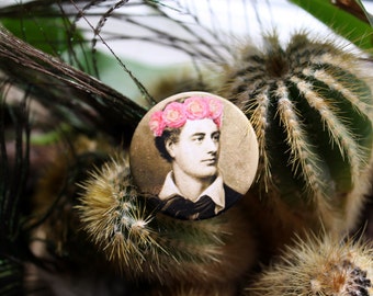 Lord Byron in a flower crown 32mm pin back badge