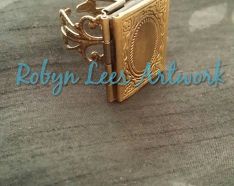 Bronze Gold Filigree Antique Style Book Locket Ring, Fully Adjustable