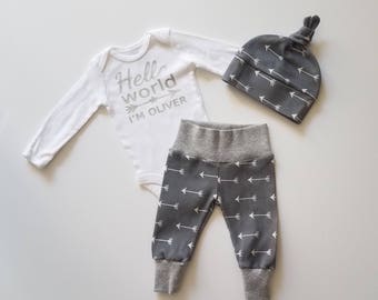 Personalized Baby Boy Coming Home Outfit. Newborn Boy Coming Home Outfit. Boy Coming Home Outfit. Hello World. Gray Arrow.
