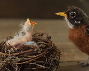 Robins nest, Mother's day gift, Bird nest, Robins eggs, Bird nest art, Baby bird, Needle felted nest