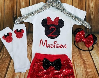Minnie Mouse Birthday Outfit, Girls Birthday Outfit, Minnie Mouse Birthday Shirt or Onesie, Red and Black Bow Ears Headband