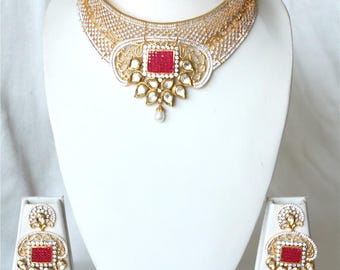 Ruby Kundan Bridal Choker Necklace Earring Set, Gold Finish Kundan High Neck Bridal Necklace, Bollywood Necklace Set, Kundan Bridal Jewelry.