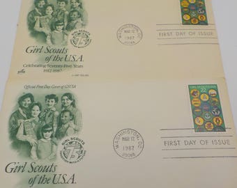 Vintage - Set of 2 - 1987 Girl Scout Stamps - First Day of Issue - 75th Girl Scout Anniversary