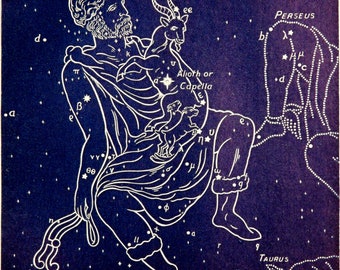 1911 Antique print of STARS. CONSTELLATIONS. AURIGA. Astronomy print. Zodiacal Constellations. Zodiac. 117 years old celestial chart