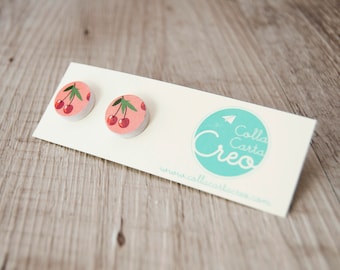 White-colored lobe paper earrings with cherry, handmade, friendly