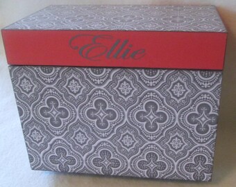 Gray, White and Coral Recipe Box- Personalized Wooden Recipe Box