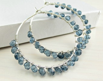 London Blue Topaz Hoop Earrings, Sterling Silver, Wire Wrapped Hoops, Blue Gemstone Hoop Earrings, December Birthstone