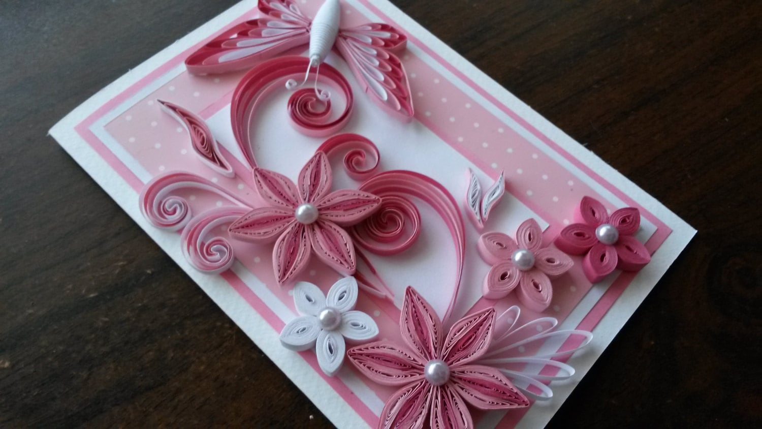 Beautiful Handmade Quilling Card Pink Flowers Design Pink