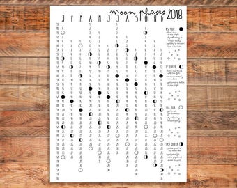 Calendar 2018, Lunar Phases Calendar, Moon Calendar - Printable - Instant Download - Black And White