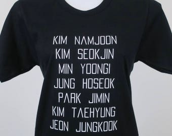 BTS Chant shirt Member Names Bangtan Kim Namjoon Kim Seokjin Min Yoongi Jung Hoseok Park Jimin Kim Taehyung Jeon Jungkook Kpop Unisex