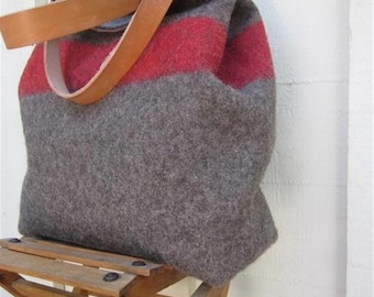 XL Swiss Army Wool Blanket Bag- Shopping Bag- Personalized-Taupe Red stripe - Leather-military industrial-great gift