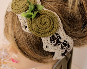 Beige Crochet headband, Beige headband, Beige mesh tape, Handmade headband, Bohemian hair band, Women hair bands, Appliqued flower headband