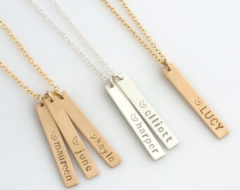 Mother's Day Gift, Skinny Vertical Bar Necklace, New Mom Necklace,Name Bar Necklace,Kids Names Necklace, Gifts for Mom,LEILAJewelryShop,N209