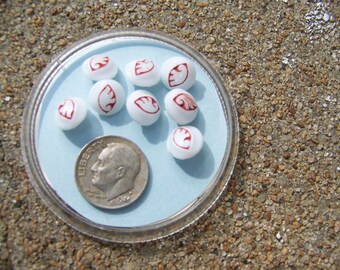 Set of 8 Vintage Painted Glass Red & White Shank Buttons 5/16"