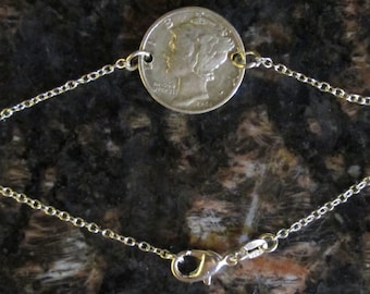 1944 Mercury Dime (900 Silver) Seven Inches chain Bracelet (925 sterling Silver)