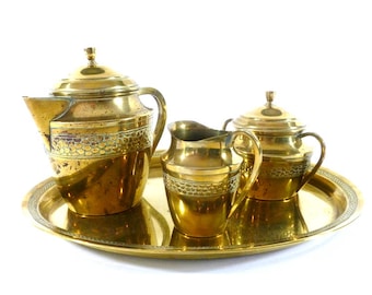 Vintage Brass Tea or Coffee Set with Serving Tray, Vintage Coffee Serving Set