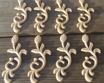 FREE SHIPPING 8 Onlays Birch Wood Embossed Trims Ornaments Pediments Appliques 4.75 Inch Stems Leaves Flower
