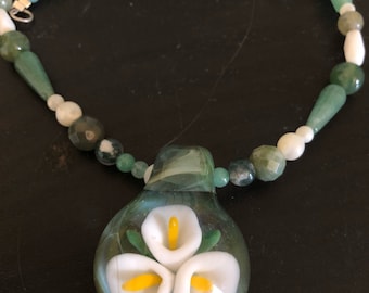 Beaded necklace with boro pendant