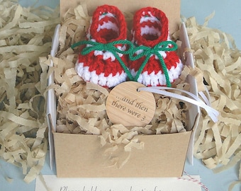 December Pregnancy Announcement, Baby's First Christmas, Grandparent Reveal, BOOTIES IN A BOX®, Baby Booties with Wood Ornament