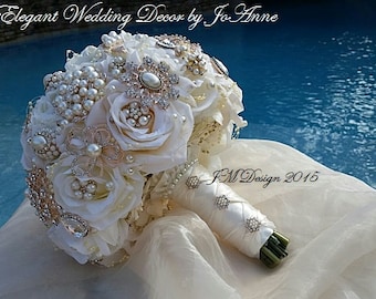 IVORY ROSE GOLD Bridal Brooch Bouquet, Custom Wedding Bouquet, Rose Gold Brooch Bouquet with matching Boutonniere- Deposit