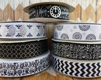 7/8 New Years Ribbon, Black Chevron, Clock Ribbon, Midnight Ribbon, Black and White Ribbon, Black Dots Ribbon, Ribbon by the Yard