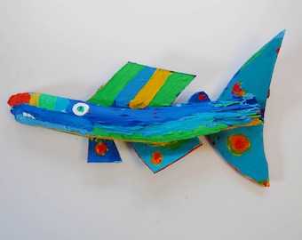 Painted wood Fish Art creation that is eady to hang in any room ...to add happy color that is sure to start a conversation