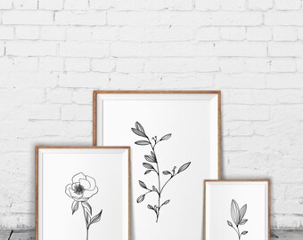 Minimalist decor, Minimal wall art, Pencil leaf drawings, Contour botanical art, Botanical prints, Minimalist prints, Black and white