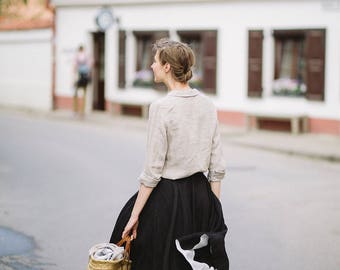 Black Midi Skirt, Black Linen Skirt, Black Casual Skirt, Black Circle Skirt, High Waisted Skirt, Linen Women Clothing / Black Skirt