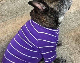 French Bulldog Frenchie Cotton Pullover TShirt in Purple and White Stripes