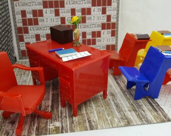 Renwal Desk Swivel Chair 3 School desks Dollhouse Toy Furniture Hard Plastic
