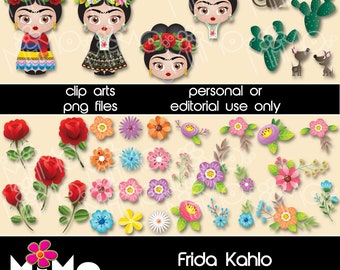 CLIP ART - Frida Kahlo Kokeshi doll and Pets - Mexico - Cute Cartoon - PNGs - 300 dpi