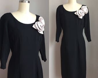 Vintage 1950s Jet Black Rayon Crepe Dress with Silver Gray Matte Satin Roses Size Medium