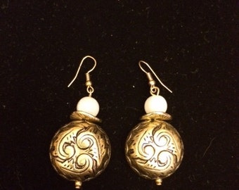 Gold Finish and Jade Green Earrings or Gold Finish Engraved and White Earrings