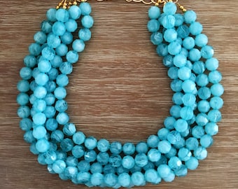 Blue Bead Necklace - Chunky Beaded Statement Necklace MultiStrand Blue