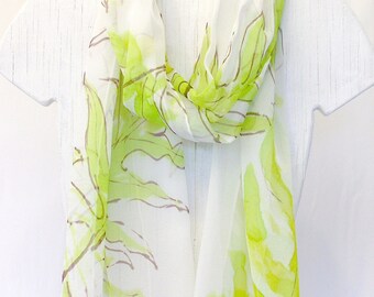 Green Silk Scarf Hand Painted, Green Hawaiian Ferns. Japanese Scarf. Silk Chiffon Scarf. 13x69 in. Made to Order.