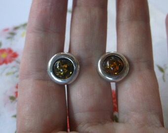 Vintage 1970s Baltic Amber Earrings with Sterling Silver Bezel, Baltic Amber Stud Earrings, Sterling & Amber Earrings