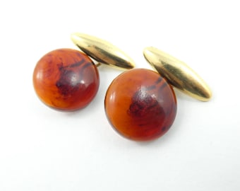Vintage Brown Button Cuff Links, Lucite, Gold Tone, T32