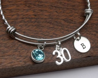 30th bracelet, personalised 30th jewellery, 30th birthday gift, age 30, bangle, 30th bracelet, birthstone, customised initial, letter