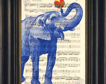 Elephant Print Blue Elephant with Ball print on upcycled Vintage 1920's Sheet Music Page MIXED MEDIA DIGITAL