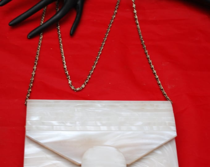 White Lucite Purse Clutch Mother of pearl plastic leather Mod Evening Bag