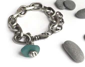 Vintage Sterling Silver Oval Cable Chain Bracelet Turquoise Teal Seaglass Charm Recycled Upcycled Adjustable Size Swivel Clasp